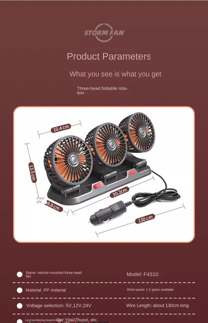 3-Head 360° Adjustable Car Fan – USB/12V/24V Dual Speed