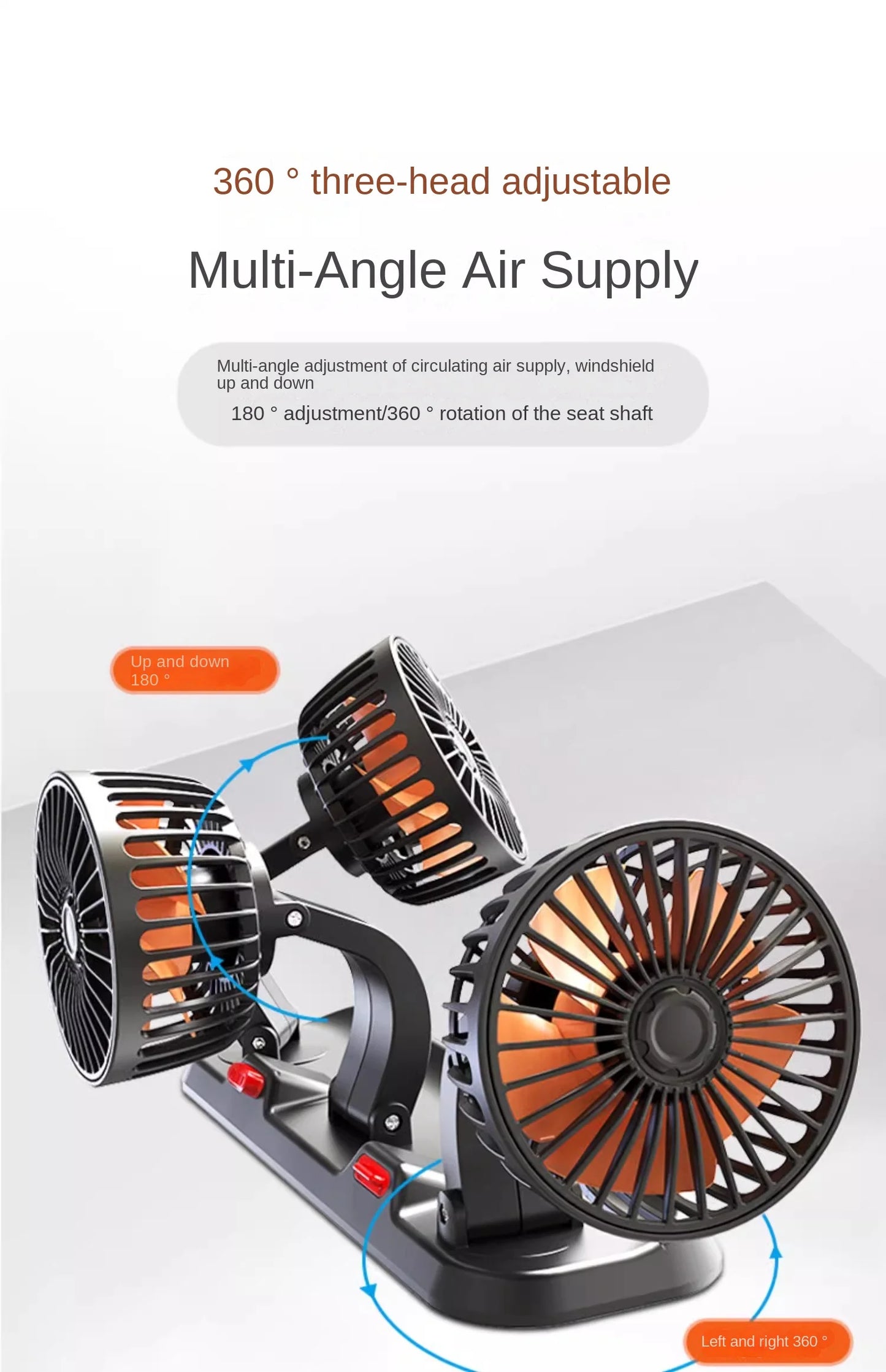 3-Head 360° Adjustable Car Fan – USB/12V/24V Dual Speed