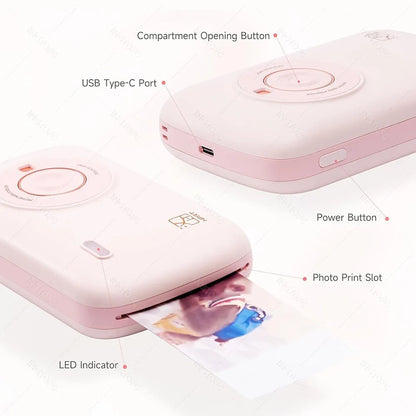HPRT CP2100 2x3" Wireless Photo Printer, 300DPI, Portable with Paper & Ribbon Storage.