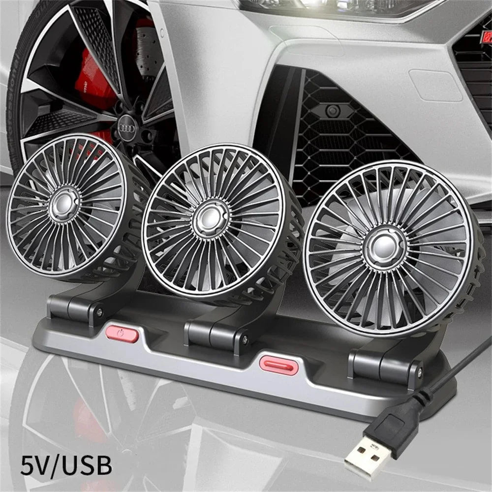 3-Head 360° Adjustable Car Fan – USB/12V/24V Dual Speed