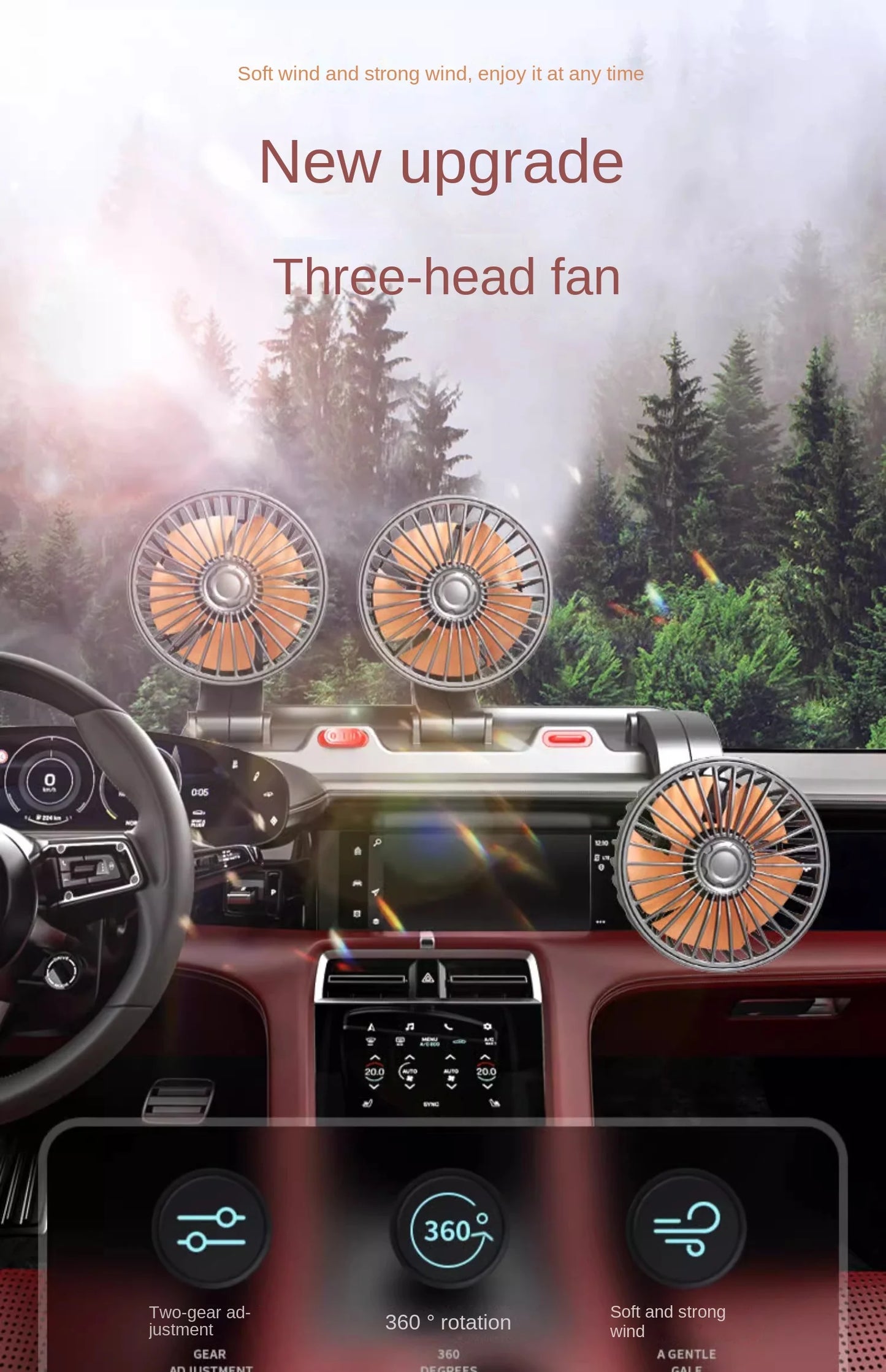3-Head 360° Adjustable Car Fan – USB/12V/24V Dual Speed