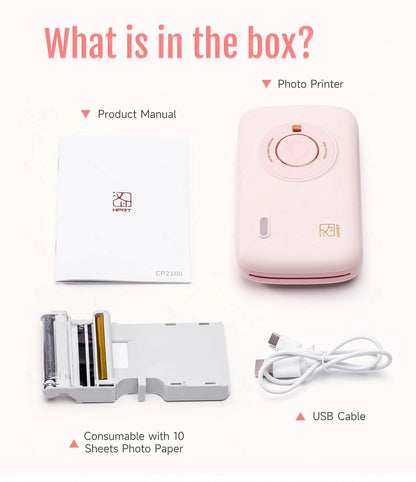HPRT CP2100 2x3" Wireless Photo Printer, 300DPI, Portable with Paper & Ribbon Storage.