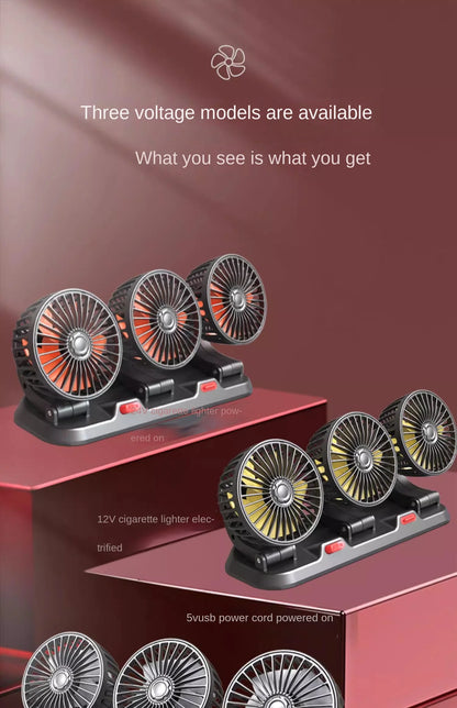 3-Head 360° Adjustable Car Fan – USB/12V/24V Dual Speed