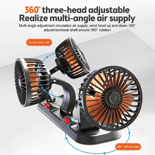 3-Head 360° Adjustable Car Fan – USB/12V/24V Dual Speed