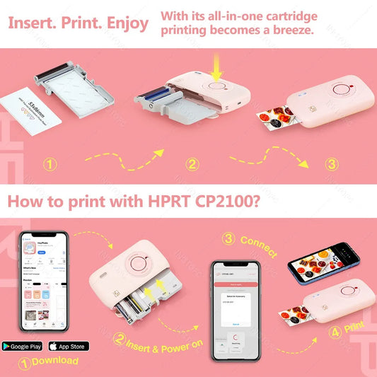 HPRT CP2100 2x3" Wireless Photo Printer, 300DPI, Portable with Paper & Ribbon Storage.