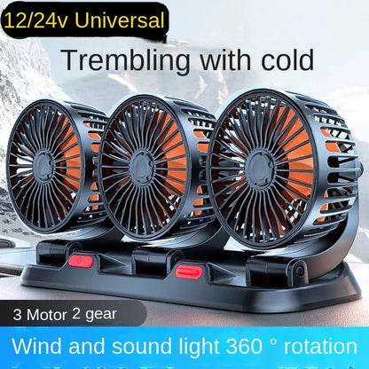 3-Head 360° Adjustable Car Fan – USB/12V/24V Dual Speed