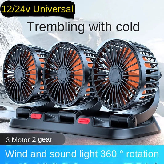 3-Head 360° Adjustable Car Fan – USB/12V/24V Dual Speed